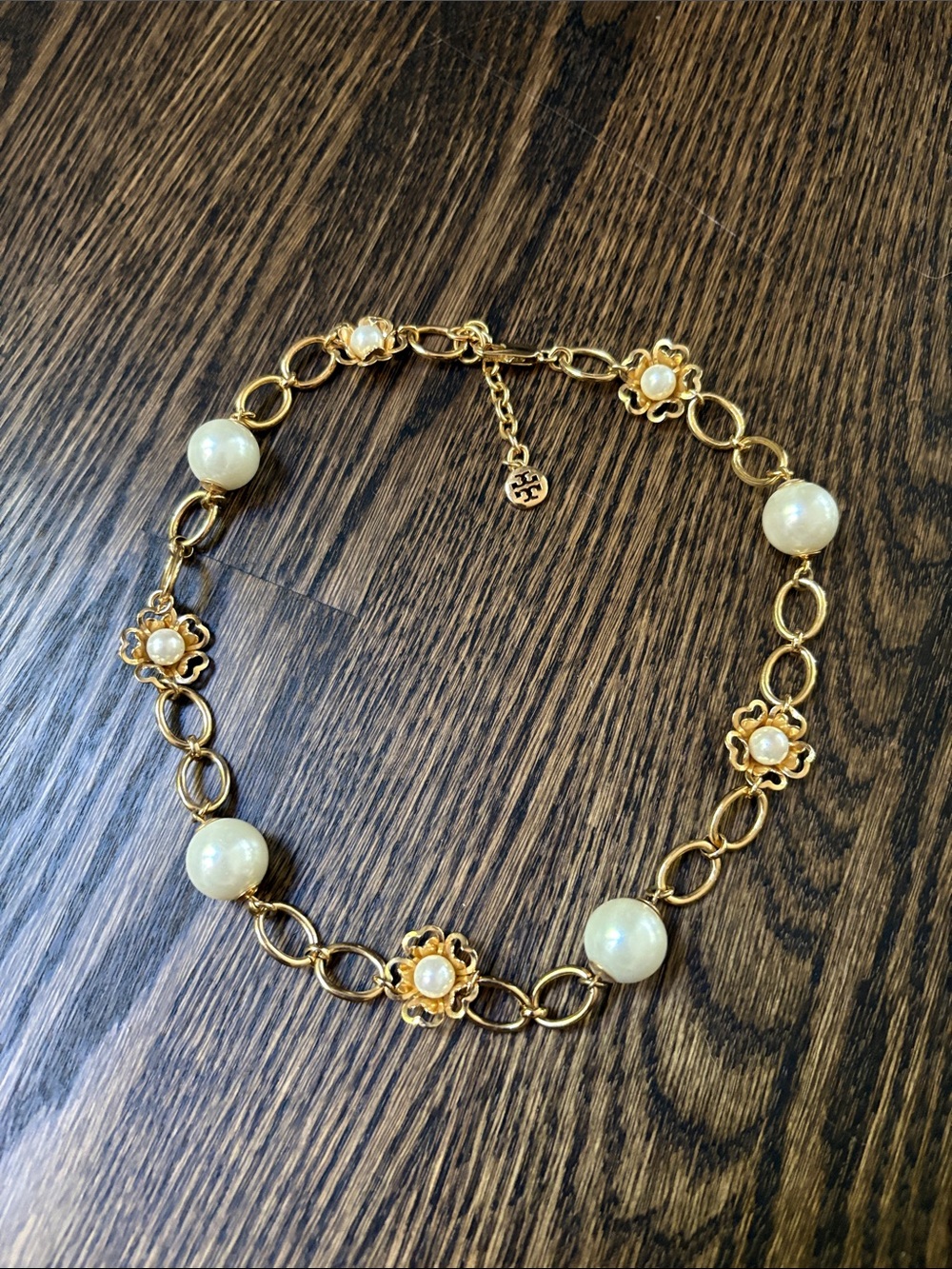 Tory Burch Gold and Cream Pearl Floral Link Necklace - Picture 1 of 3